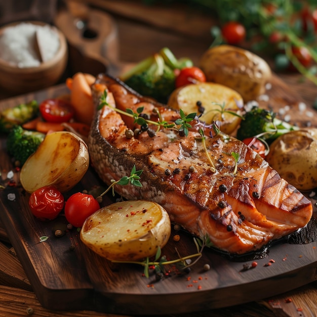 Un steak de saumon cuit avec des pommes de terre et des légumes sur une table en bois.