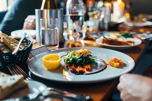 Steak de saumon avec roguela et citron sur assiette dans le restaurant généré par Ai