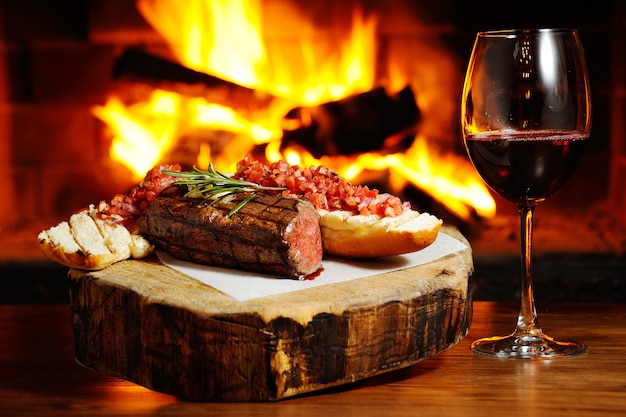 Steak savoureux sur un fond de feu