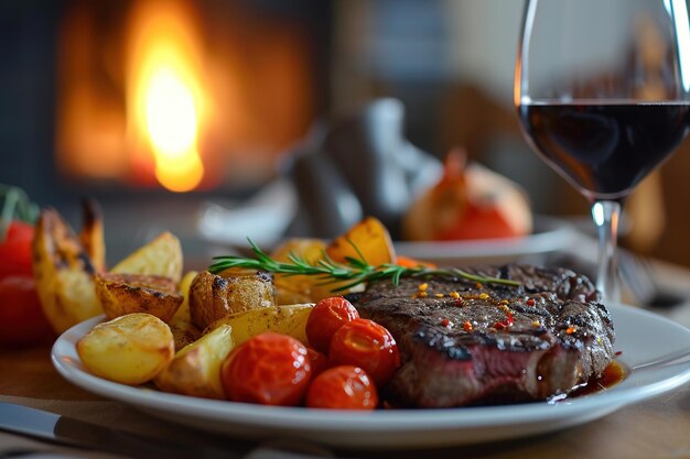 steak savoureux avec des pommes de terre sur un fond de feu