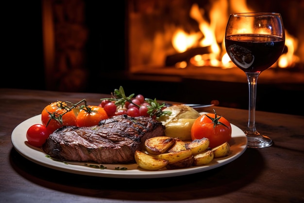 steak savoureux avec pommes de terre et tomates sur fond de feu