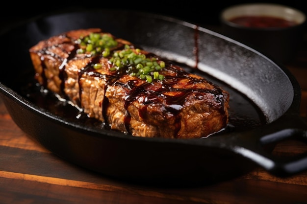 Steak de seitan grillé arrosé d'une sauce grésillante et piquante