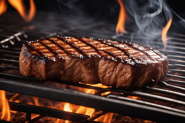 Steak de seitan grillé sur un grill rustique avec flammes et fumée