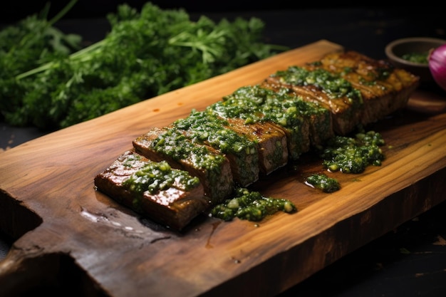 Un steak de seitan avec de la sauce chimichurri sur un plateau en bois