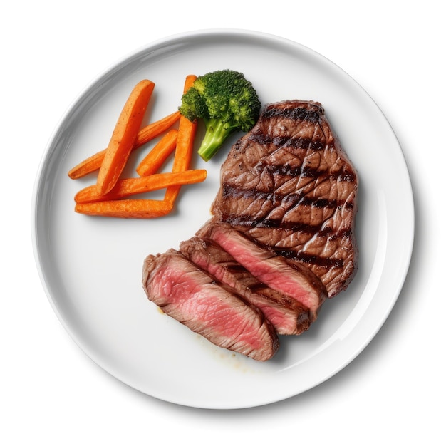 Steak succulent sur assiette blanche isolé sur fond blanc