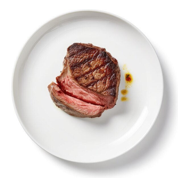 Steak succulent sur assiette blanche isolé sur fond blanc