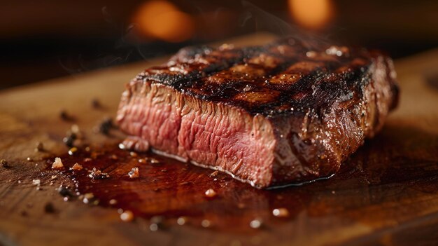 Un steak succulent grillé à la perfection repose sur une planche à couper son intérieur juteux présenté dans une tranche coupée