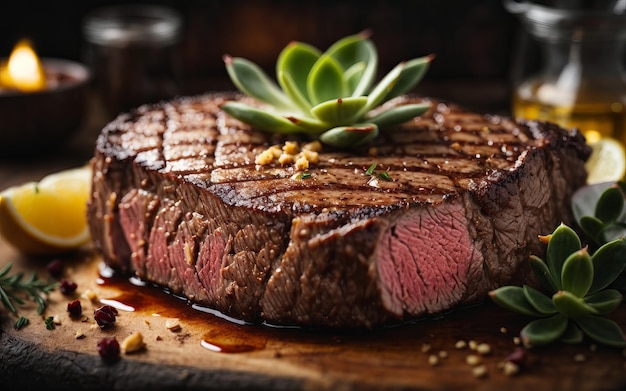 Un steak succulent sur une planche à couper Une délicieuse combinaison de viande et de légumes