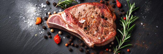 Un steak sur une surface en pierre avec des épices et des herbes