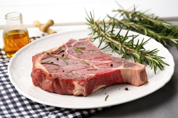 Steak de Tbone sur une assiette en céramique blanche au romarin