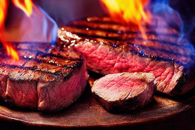 Steak tendre en flamme sur plaque de fonte chaude