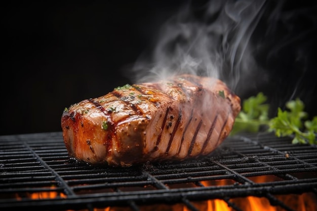 Steak de thon aromatisé avec fumée de gril vue latérale