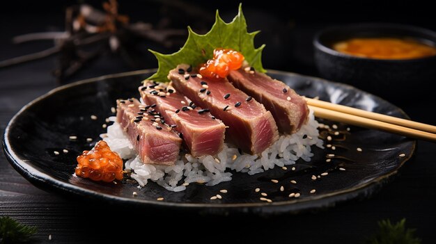 Photo steak de thon frit au sésame noir avec des baguettes sur une plaque noire