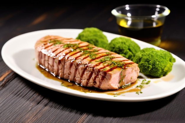 Photo un steak de thon grillé servi avec un tourbillon de pâte de wasabi