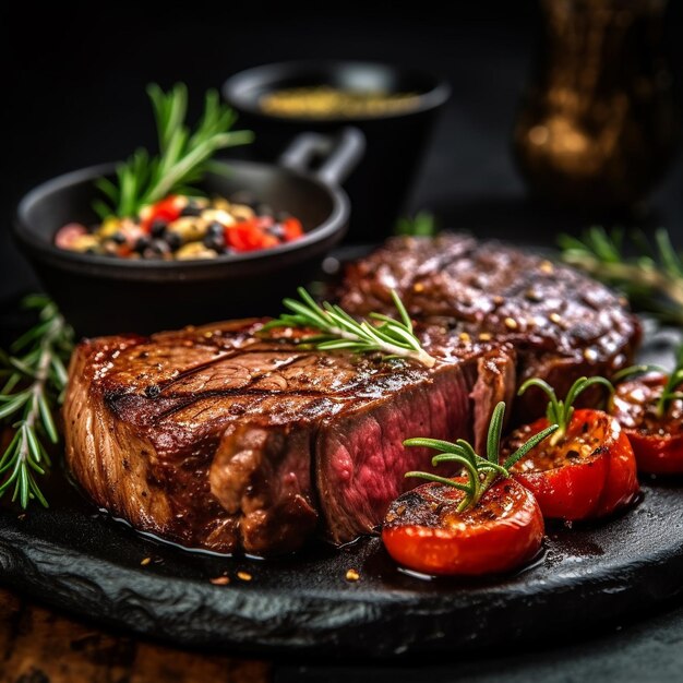 Un steak avec une tige verte sur le dessus.