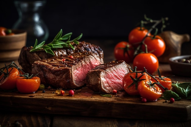 Un steak avec des tomates sur le côté