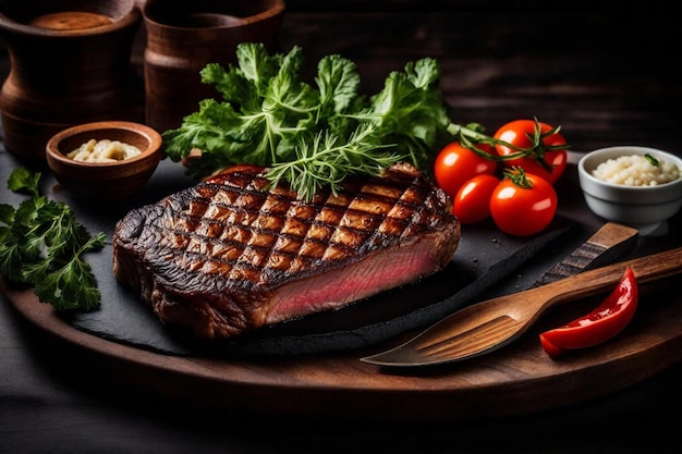 Photo un steak avec des tomates et des légumes sur une planche en bois