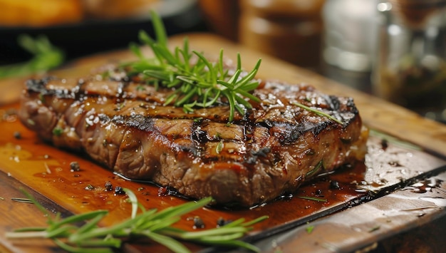 Steak tranché sur une planche à couper avec du rosemary