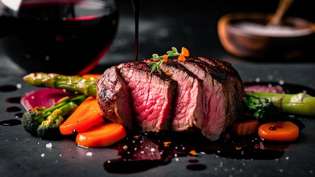 Un steak avec un verre de vin rouge