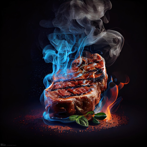 Steak de viande avec assaisonnements en feu Generative AI