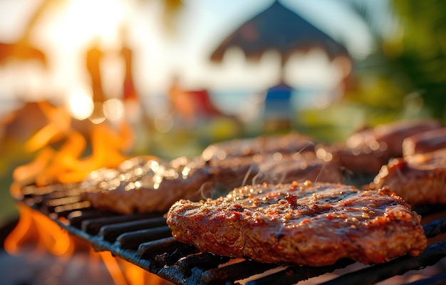 Steak de viande au barbecue sur la grille sur les gens fête au bord de la mer fond flou jour ensoleillé