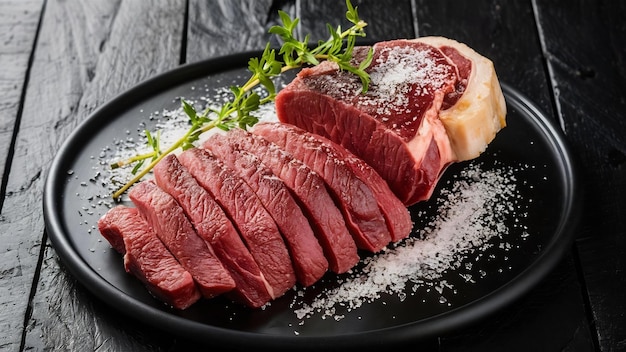 Steak de viande crue cuite en tranches et salé servi sur la table noire
