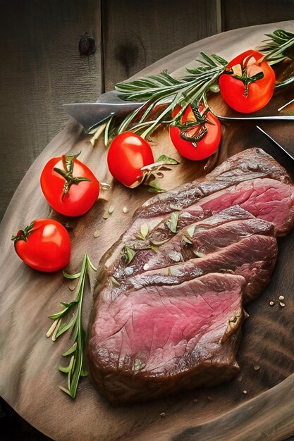 Steak de viande grillé au romarin sur une illustration de planche de bois