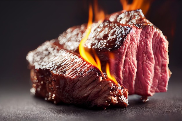 Steak de viande grillé sur table avec des flammes sur fond sombre Concept de nourriture et de cuisine