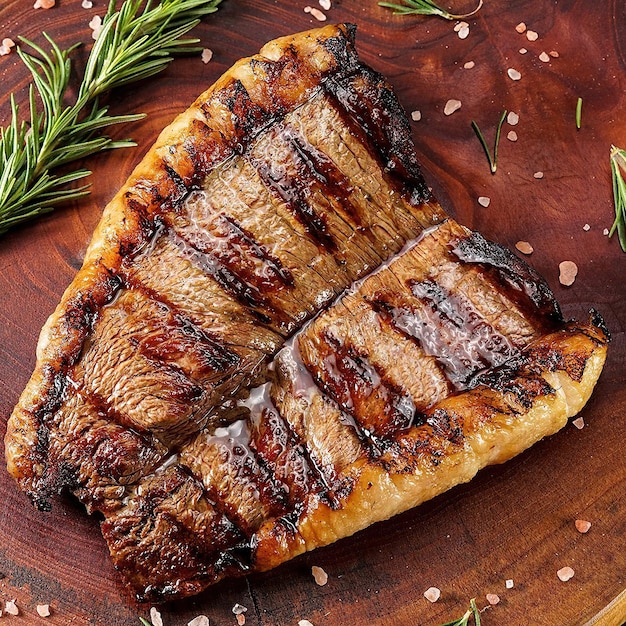 Un steak avec de la viande grillée est posé sur une table en bois.