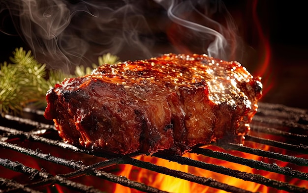 Steak de viande rôti cuit sur le gril avec des flammes AI génératives