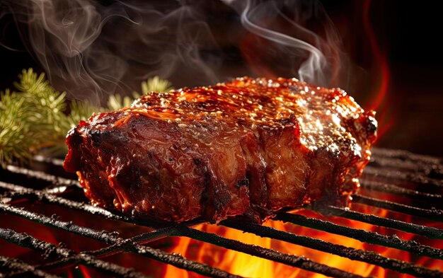 Steak de viande rôtie cuisiné sur le gril avec des flammes