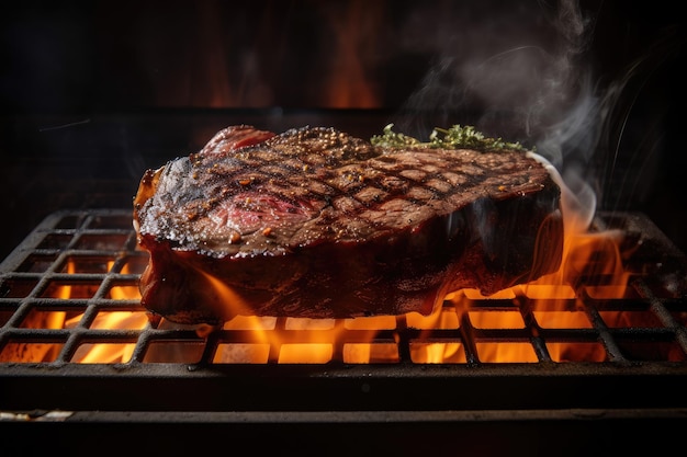 Steak de wagyu grésillant cuit sur un gril chaud avec de la fumée et des flammes