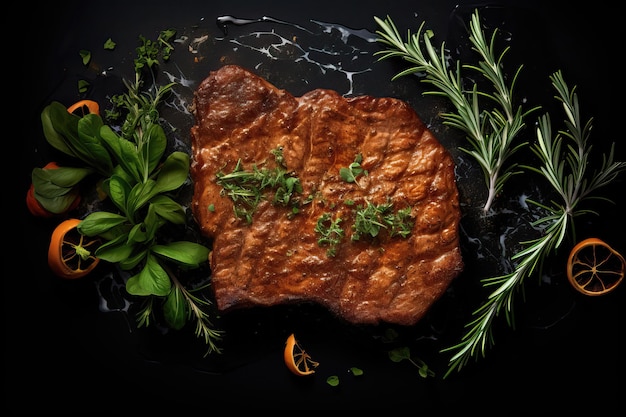 Des steaks au barbecue frits appétissants dans la sauce sur un fond sombre