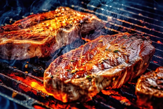 Steaks barbecue cuits avec panure sur gril chaud à la manière d'un grand format de toile Generative AI