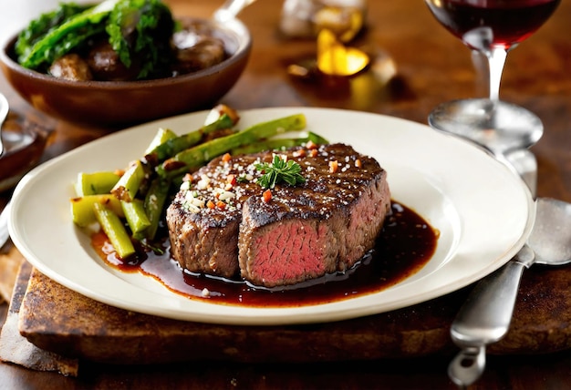 Steaks de bœuf avec des asperges et du vinaigre balsamique