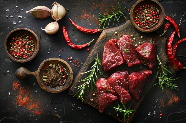 Steaks de bœuf cru sur la planche à couper avec du romarin et des épices sur un fond sombre