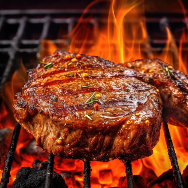 Steaks de boeuf sur le gril avec des flammes Generative Ai