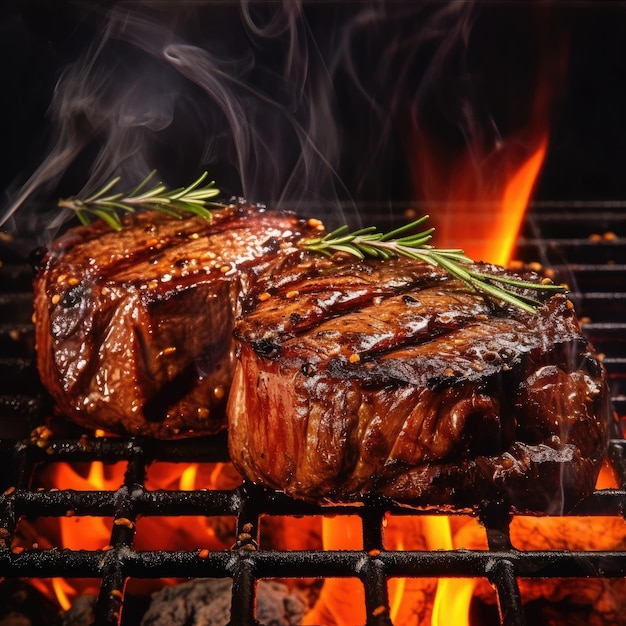 Steaks de boeuf sur le gril avec des flammes Generative Ai