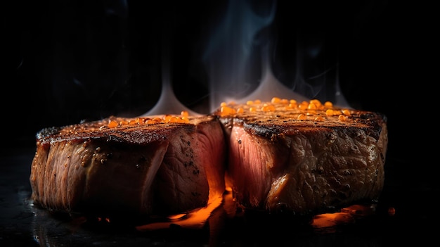 Steaks de boeuf sur le gril avec des flammes Generative Ai