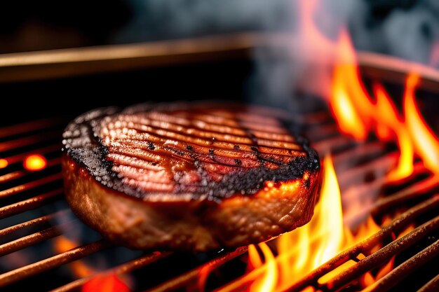 Steaks de bœuf sur un grill avec feu autour