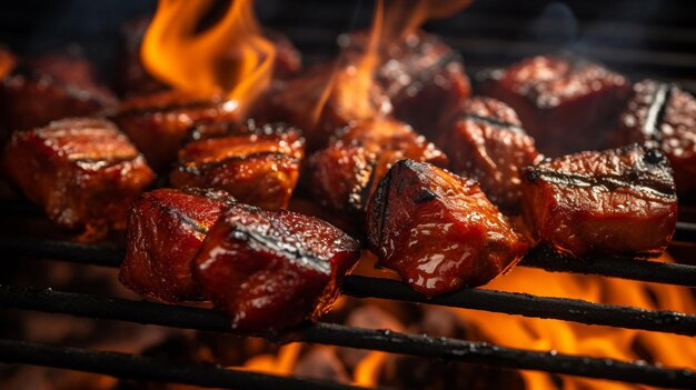 Steaks de bœuf grillés sur barbecue avec flammes et fumée