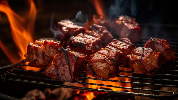 Steaks de bœuf grillés sur barbecue avec flammes et fumée