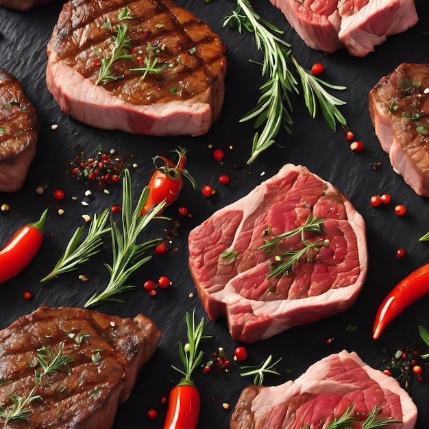 Steaks de bœuf grillés avec des épices et des herbes sur ardoise noire et fond noir ai génératif