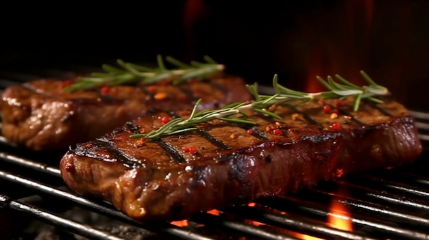 Steaks de bœuf grillés grésillant sur le gril