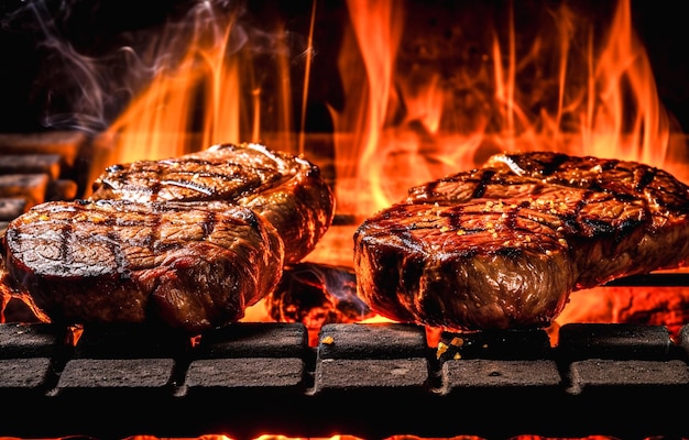 Steaks de boeuf grillés sur le gril avec flammes et fumée