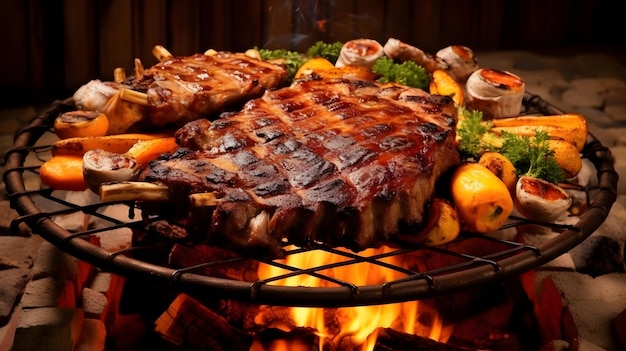 Steaks de boeuf et légumes sur le gril avec flammes Barbecue