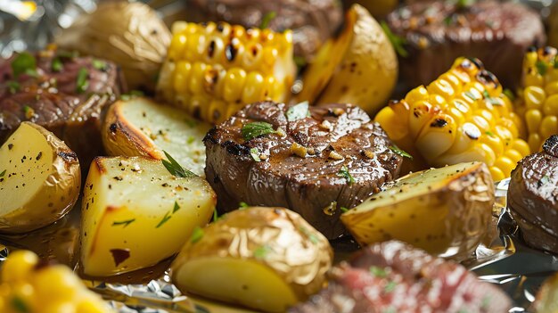 Steaks de bœuf et légumes grillés sur papier d'aluminium