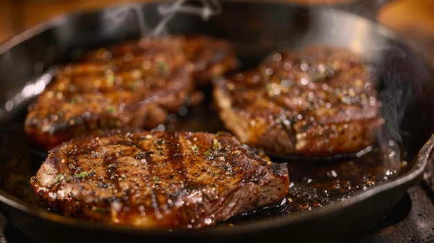 Des steaks brûlant dans une casserole sur une table en bois cuisinant à la perfection