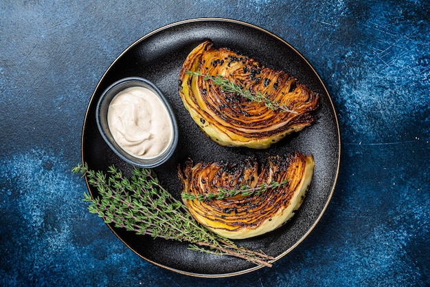 Steaks de chou frits avec sauce sur une plaque noire Fond bleu Vue de dessus