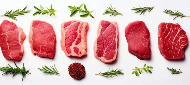 Steaks crus assortis vue de haut de différentes coupes de viande isolées sur un fond blanc